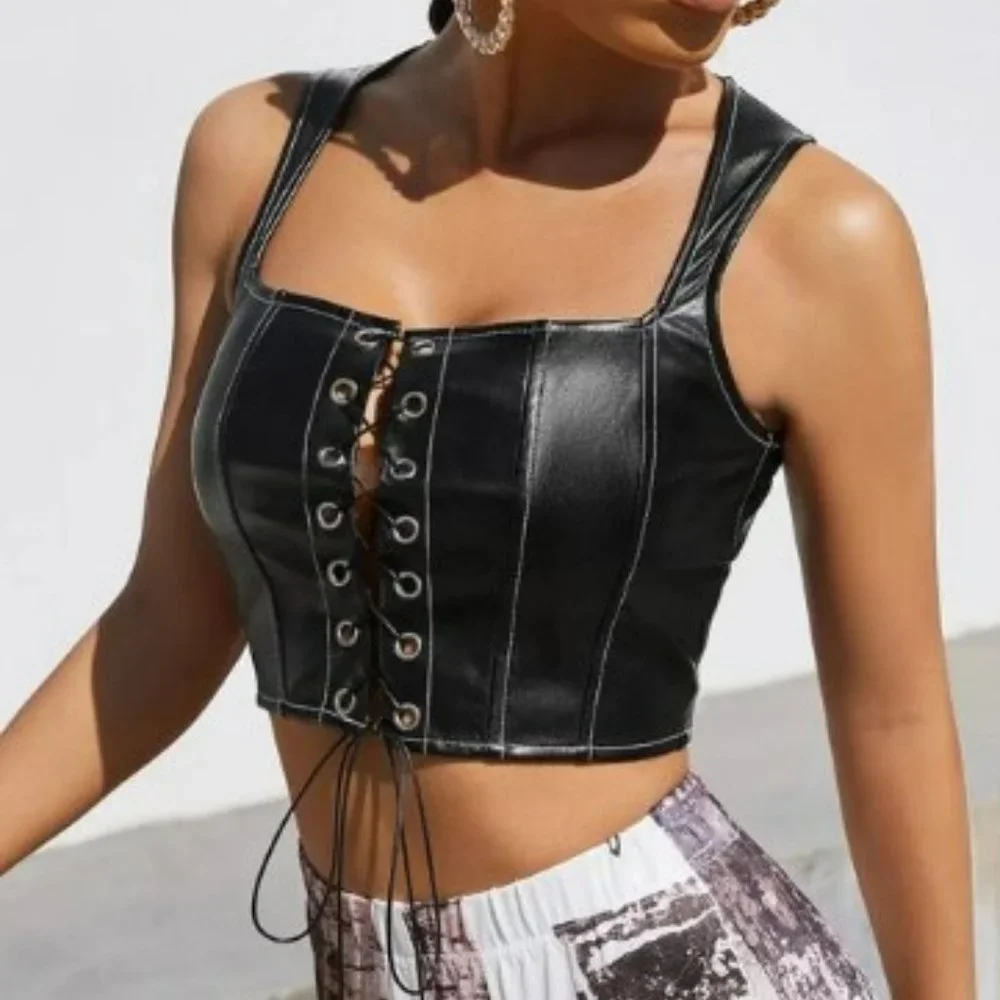𝅺black Vegan Leather Cropped Tank Corset Lace Up Top Overstitching - Picture 3 of 6